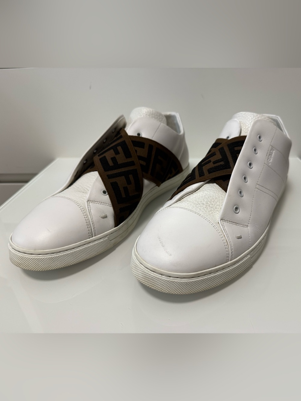 Fendi White Leather Slip-On Sneakers with FF Fendi Logo Cross Strap - Picture 3 of 17